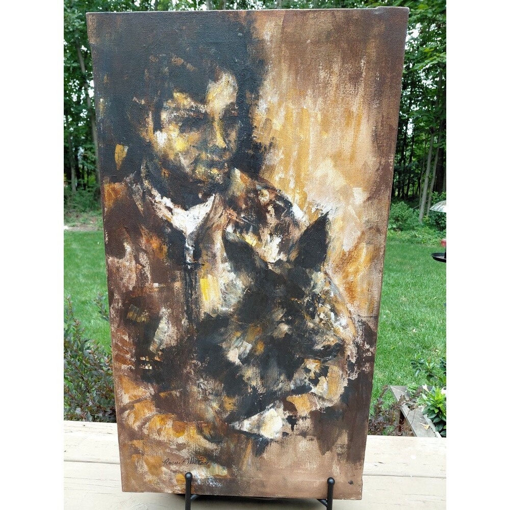 ORIGINAL Roscoe E Wallace Impressionist Acrylic Man & Dog  Sporting Military
